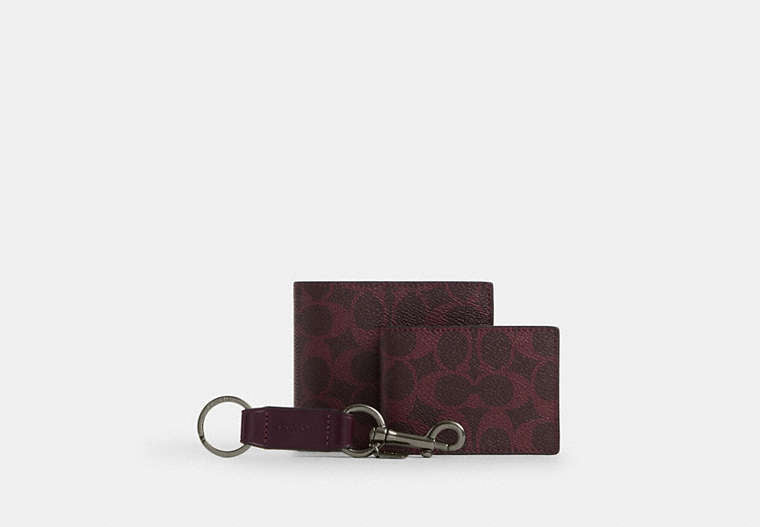 COACH®,Boxed 3-In-1 Wallet Gift Set In Signature Canvas,Bi Fold,Key Chain,Coin,Set,Casual,Maroon,Front View