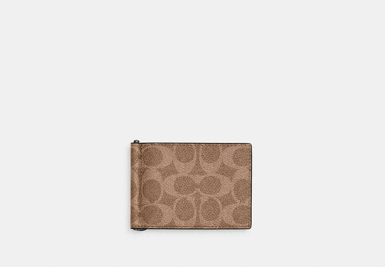 COACH®,Slim Money Clip Billfold Wallet In Signature Canvas,Bi Fold,Coin,Bill Clip,Money Clip,Casual,Brown,Front View