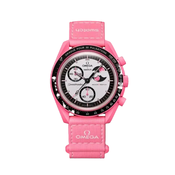 OMEGAxSWATCH MISSION TO THE PINK MOONPHASE Available at Pick your kiicks.