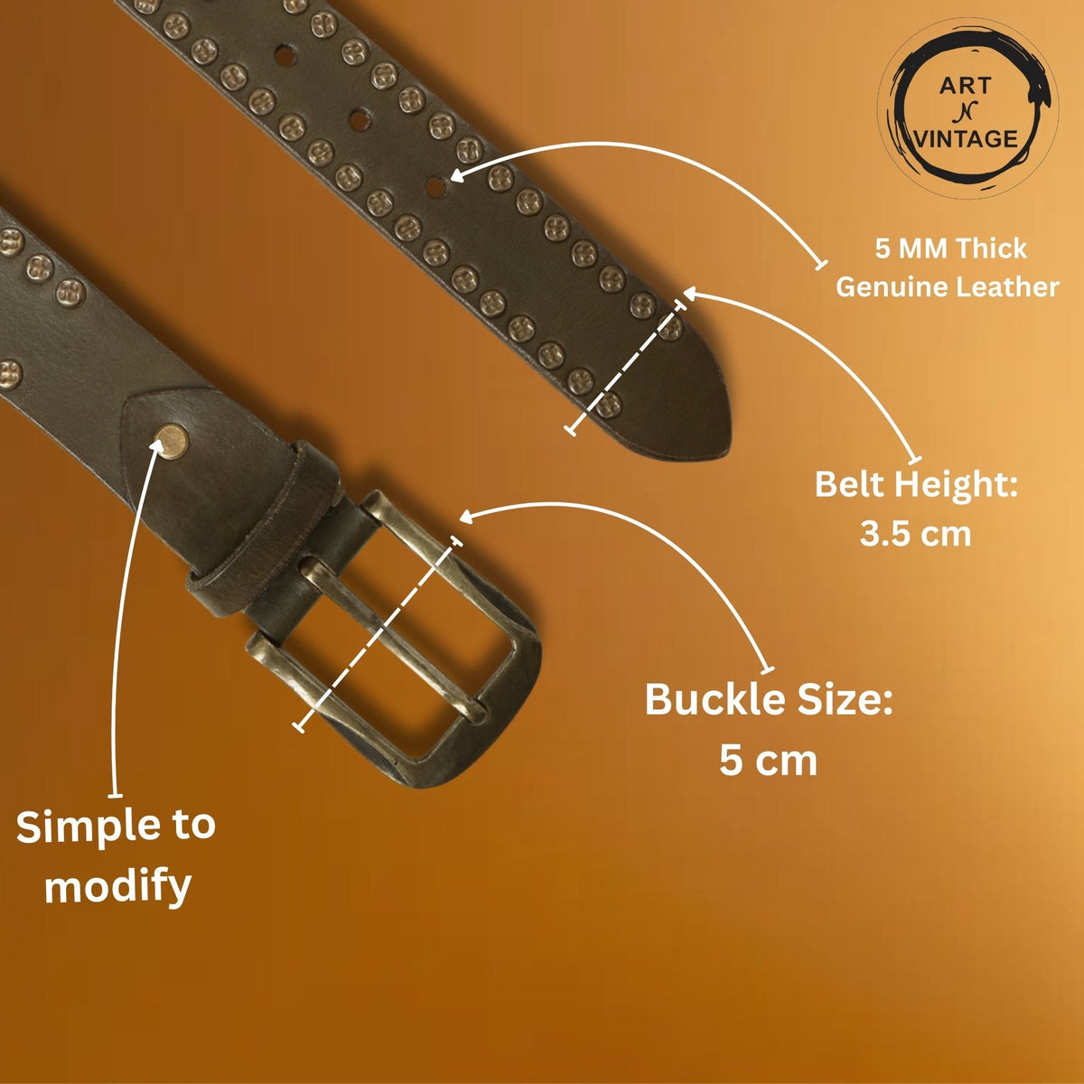 Rustic Rebel: Olive Genuine Leather Studded Men's Belt - Stylish & Durable by Art N Vintage