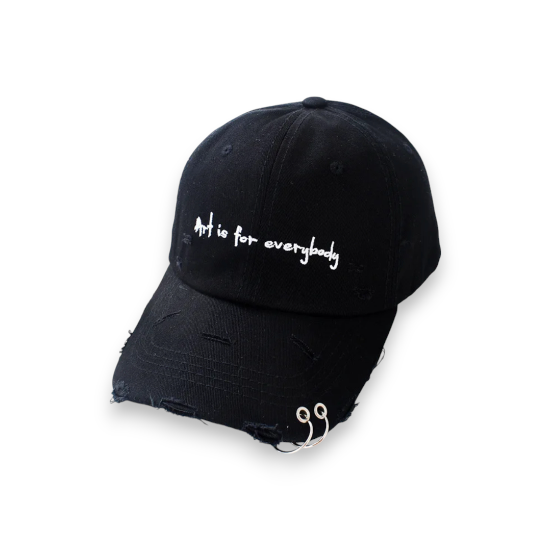A black baseball cap with the phrase 'Art is for everybody' printed on the front panel, featuring a 6-panel design.