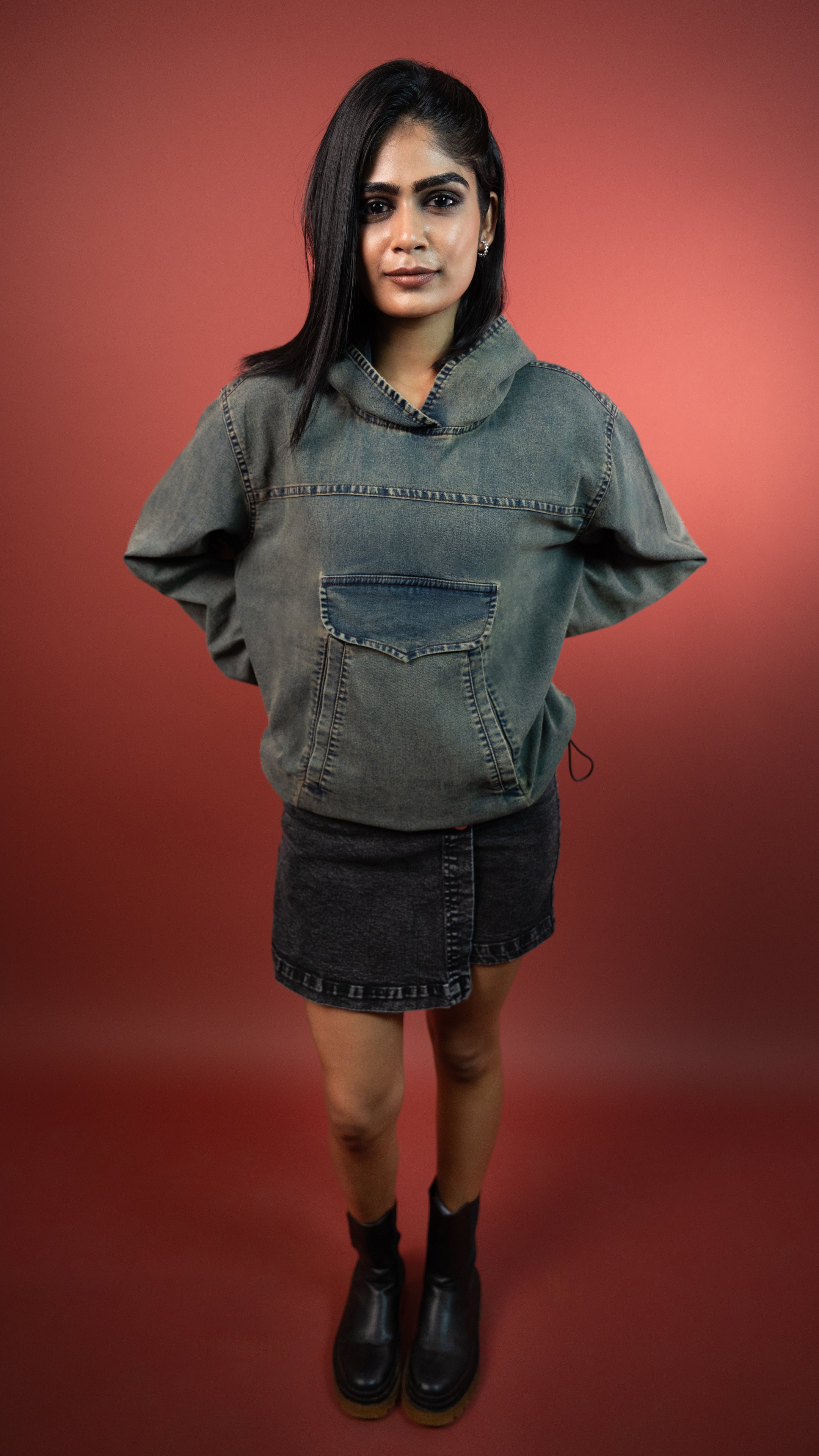 ACID WASH DENIM WOMEN'S HOODIE