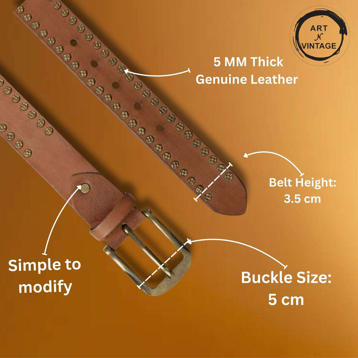 Rustic Rebel: Cognac Genuine Leather Studded Men's Belt - Stylish & Durable by Art N Vintage