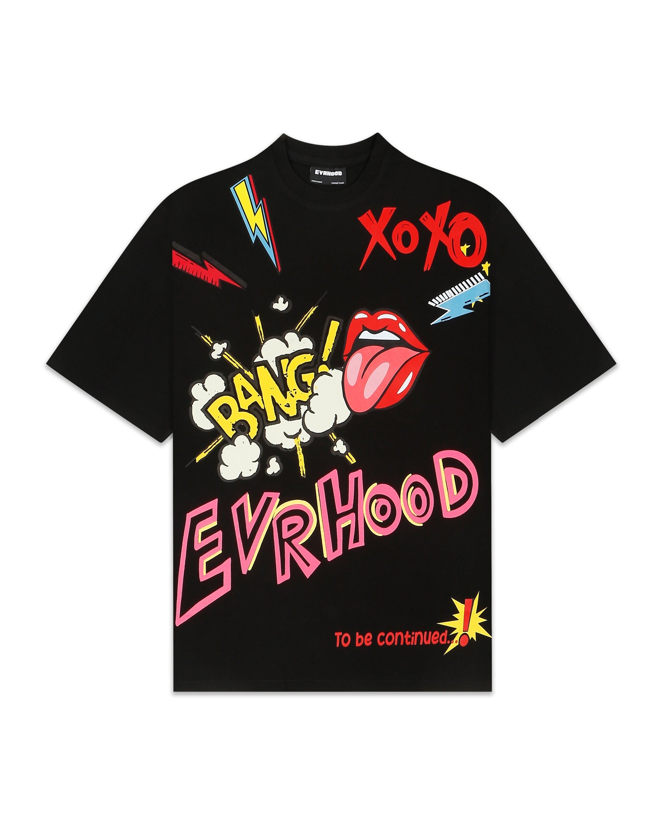 Black t-shirt with colorful graphic design on a white background