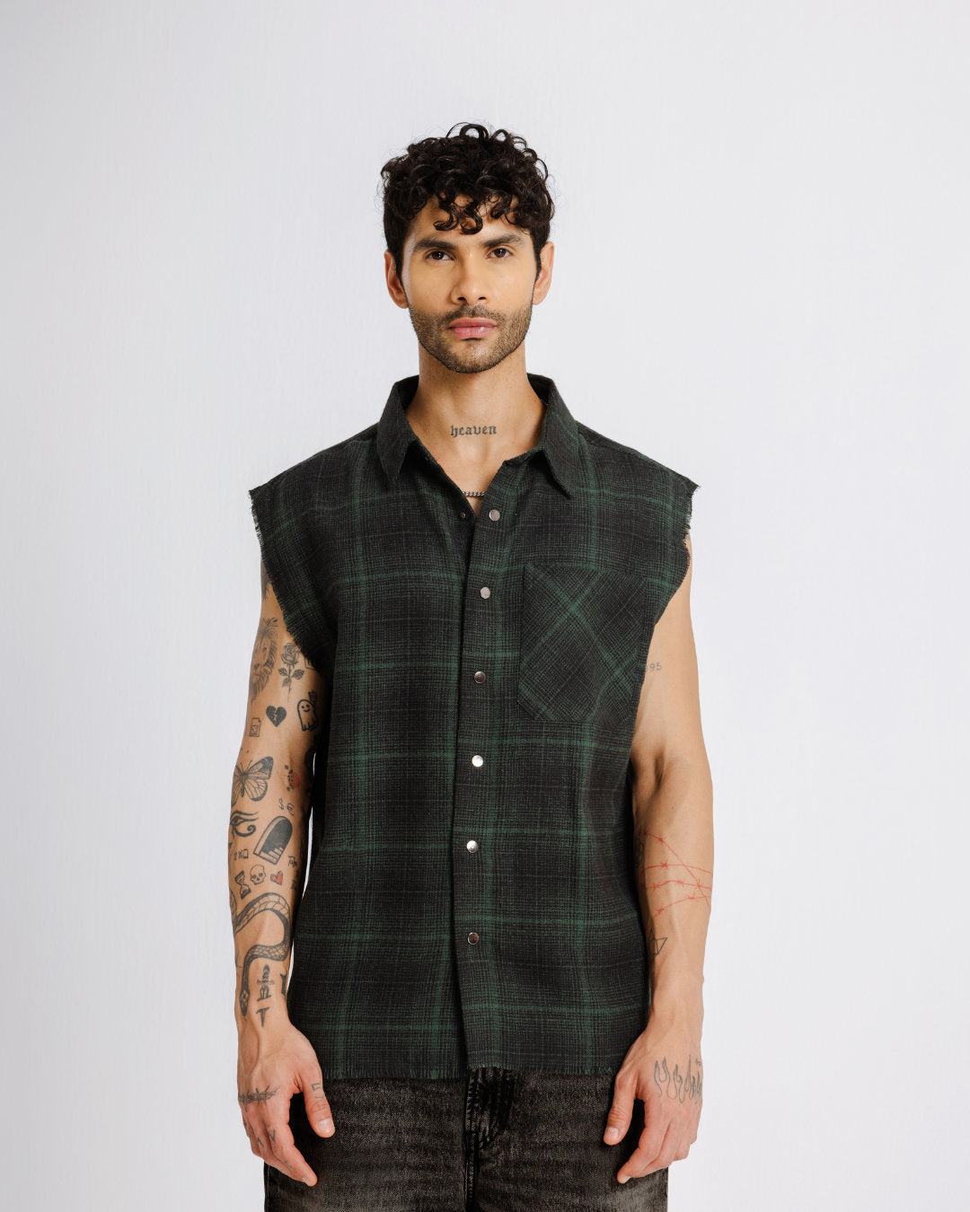 Shredded Checks - Forest Grid - Evrhood shredded sleeveless check shirt