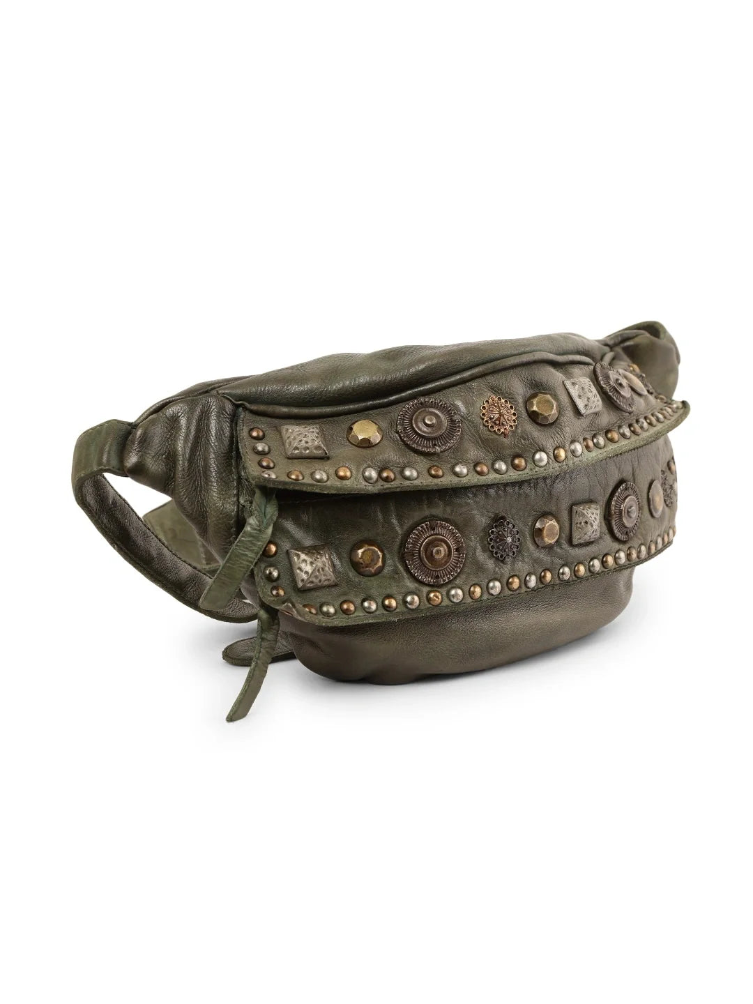 Vintage Olive Studded Genuine Leather Waist Bag