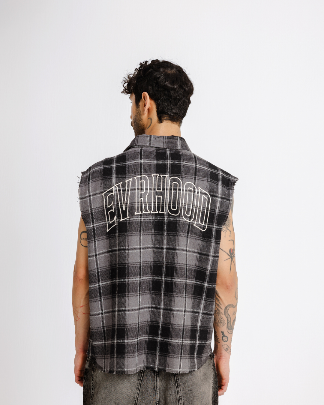 Shredded Checks - Smoke - Evrhood shredded sleeveless check shirt