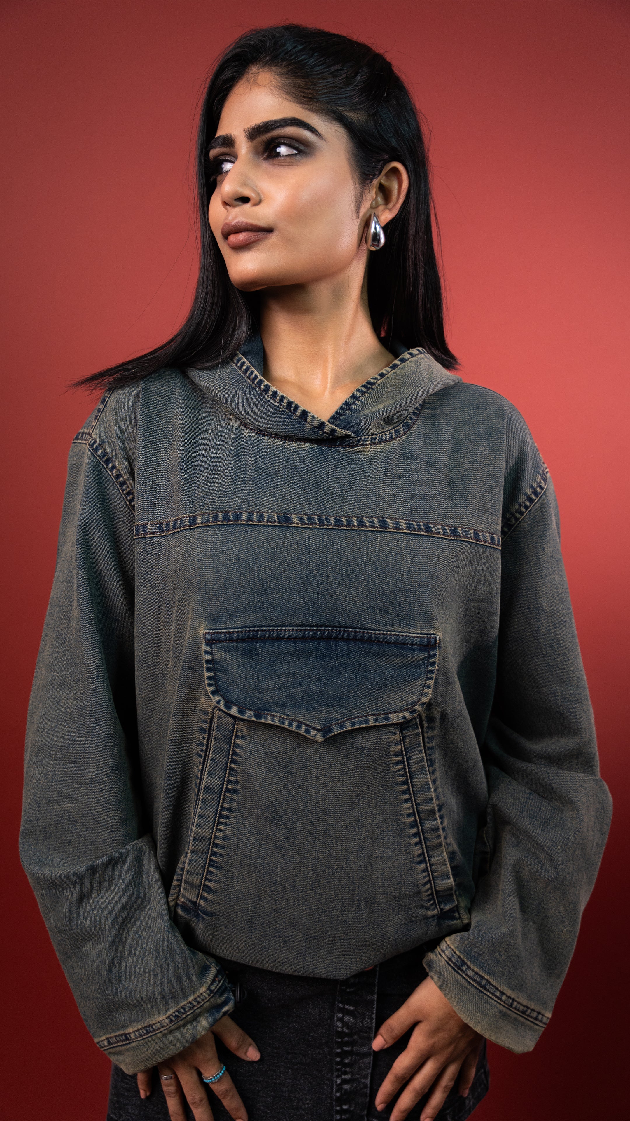 ACID WASH DENIM WOMEN'S HOODIE