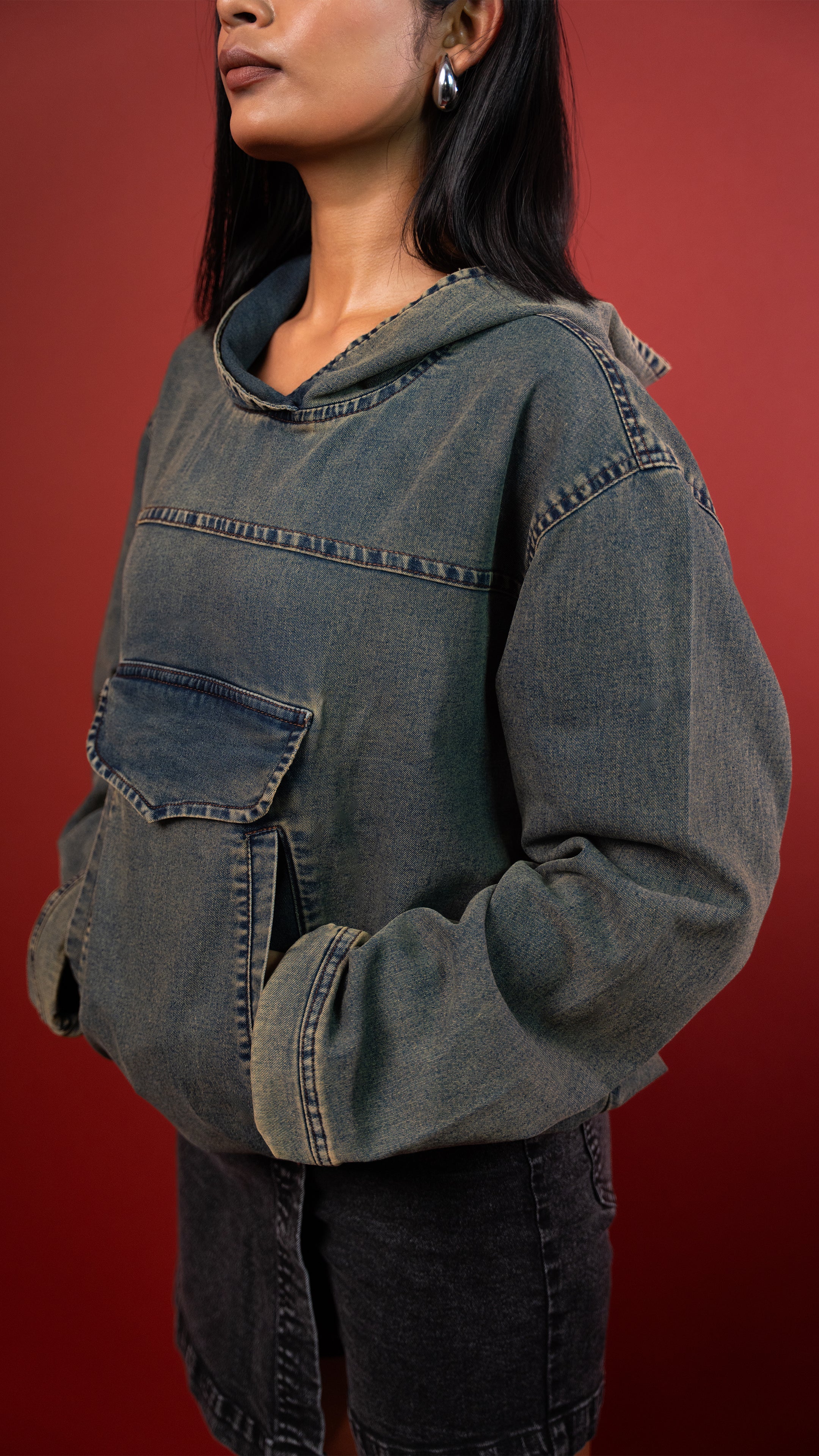 ACID WASH DENIM WOMEN'S HOODIE