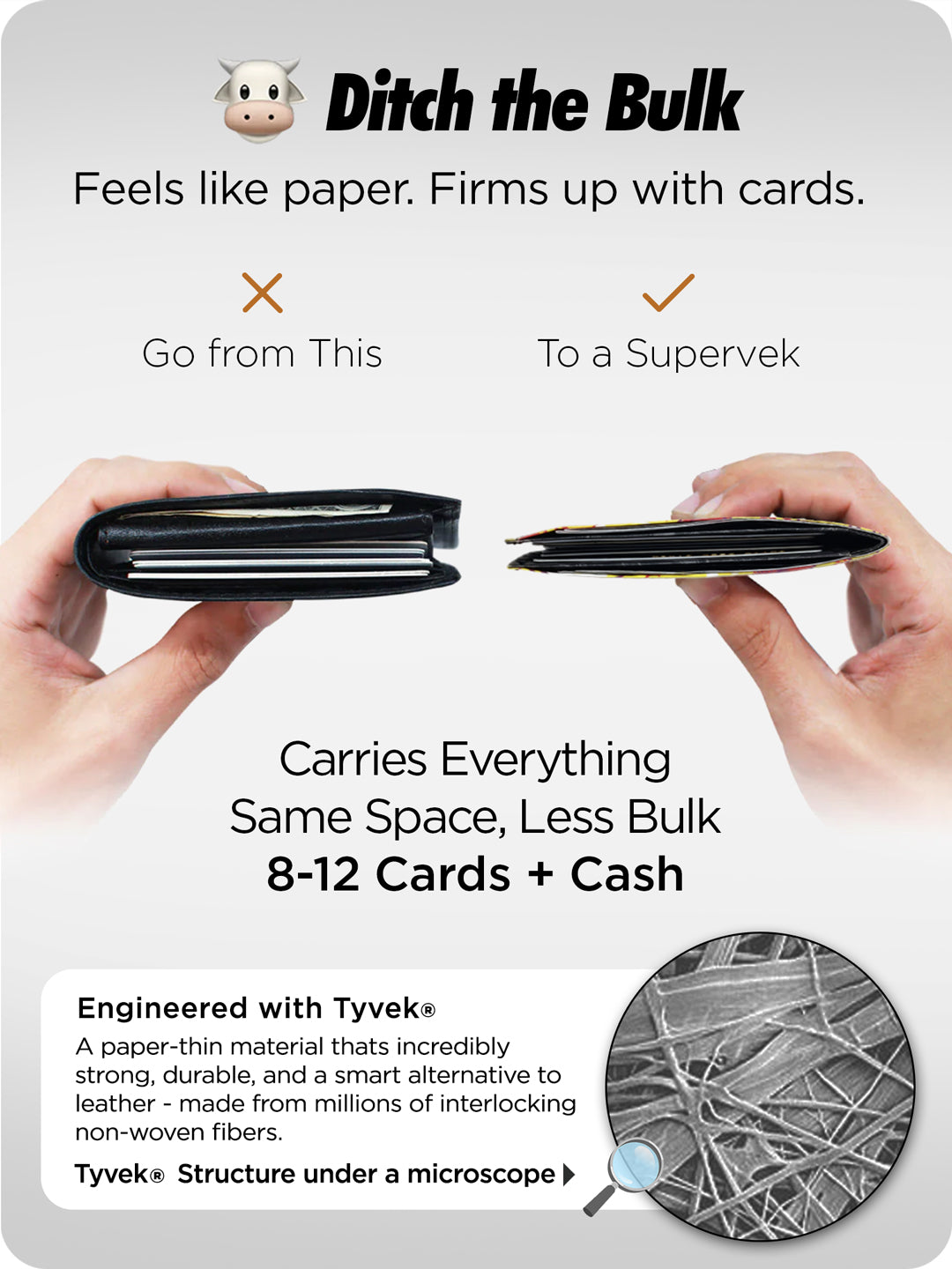 Supervek Tyvek wallet with "Royal Blaze" design, ultra-slim black vegan billfold shown holding 8–12 cards and cash