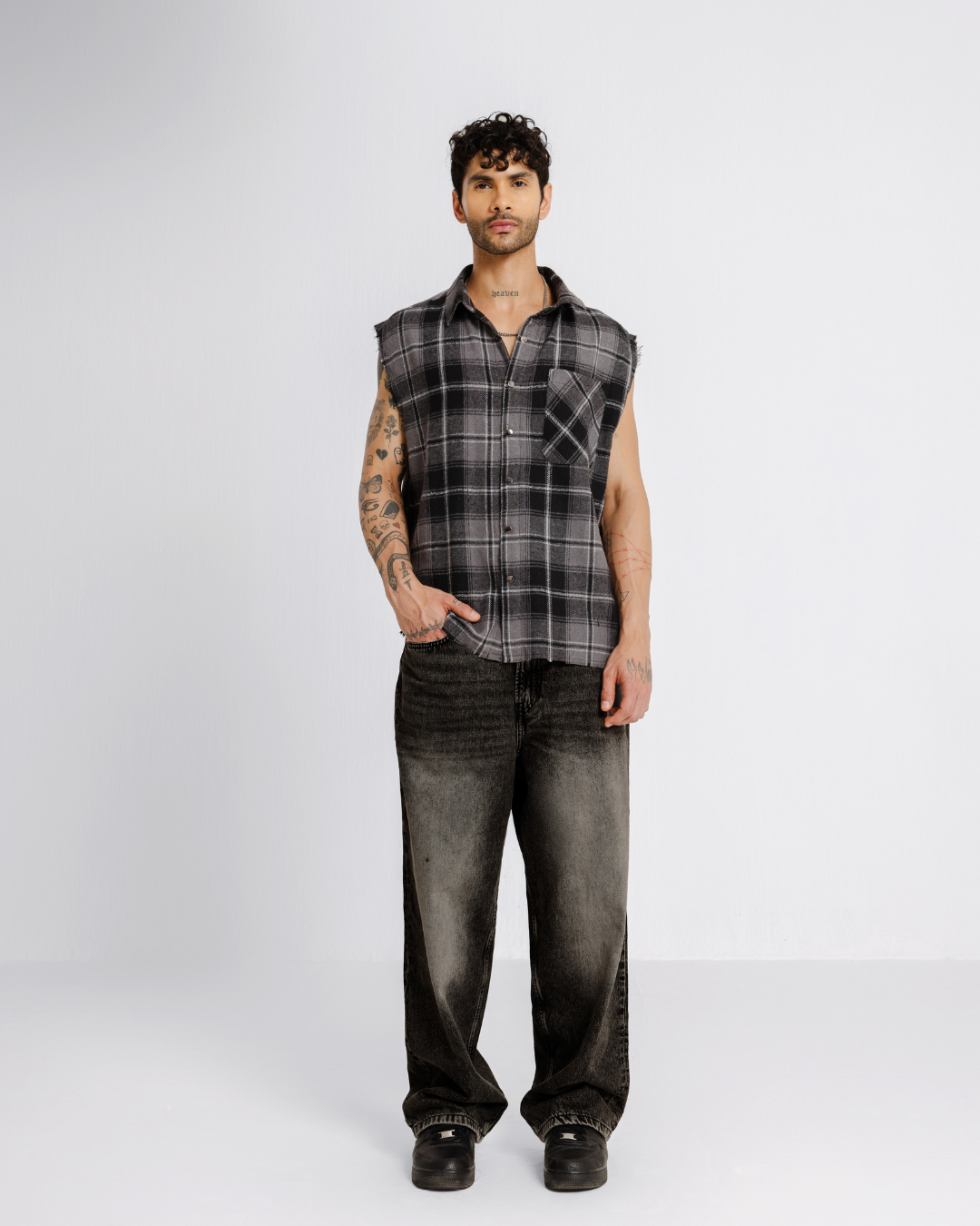 Shredded Checks - Smoke - Evrhood shredded sleeveless check shirt