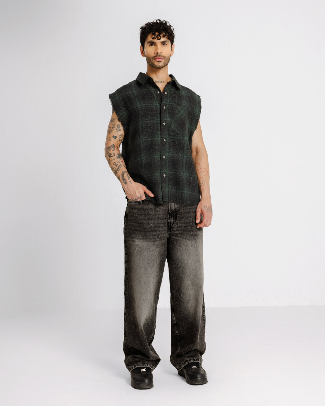 Shredded Checks - Forest Grid - Evrhood shredded sleeveless check shirt