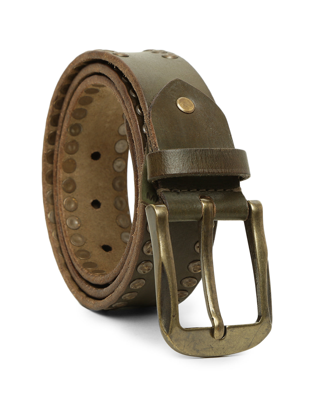 Rustic Rebel: Olive Genuine Leather Studded Men's Belt - Stylish & Durable by Art N Vintage