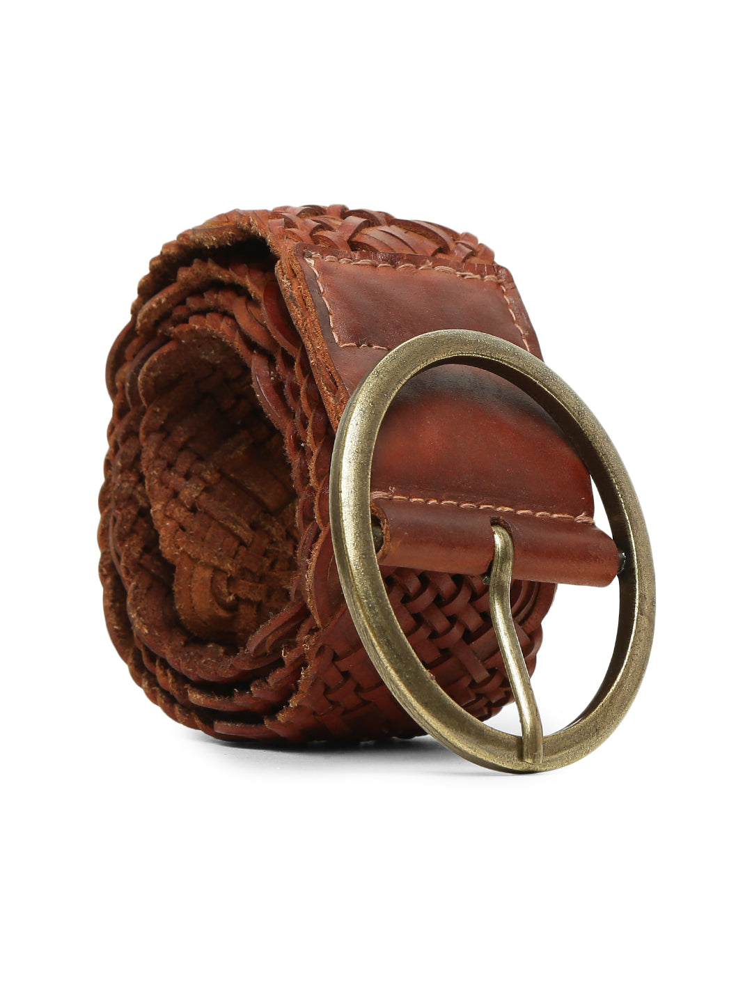Cognac Hand Weaving Women Leather Belt By Art N Vintage