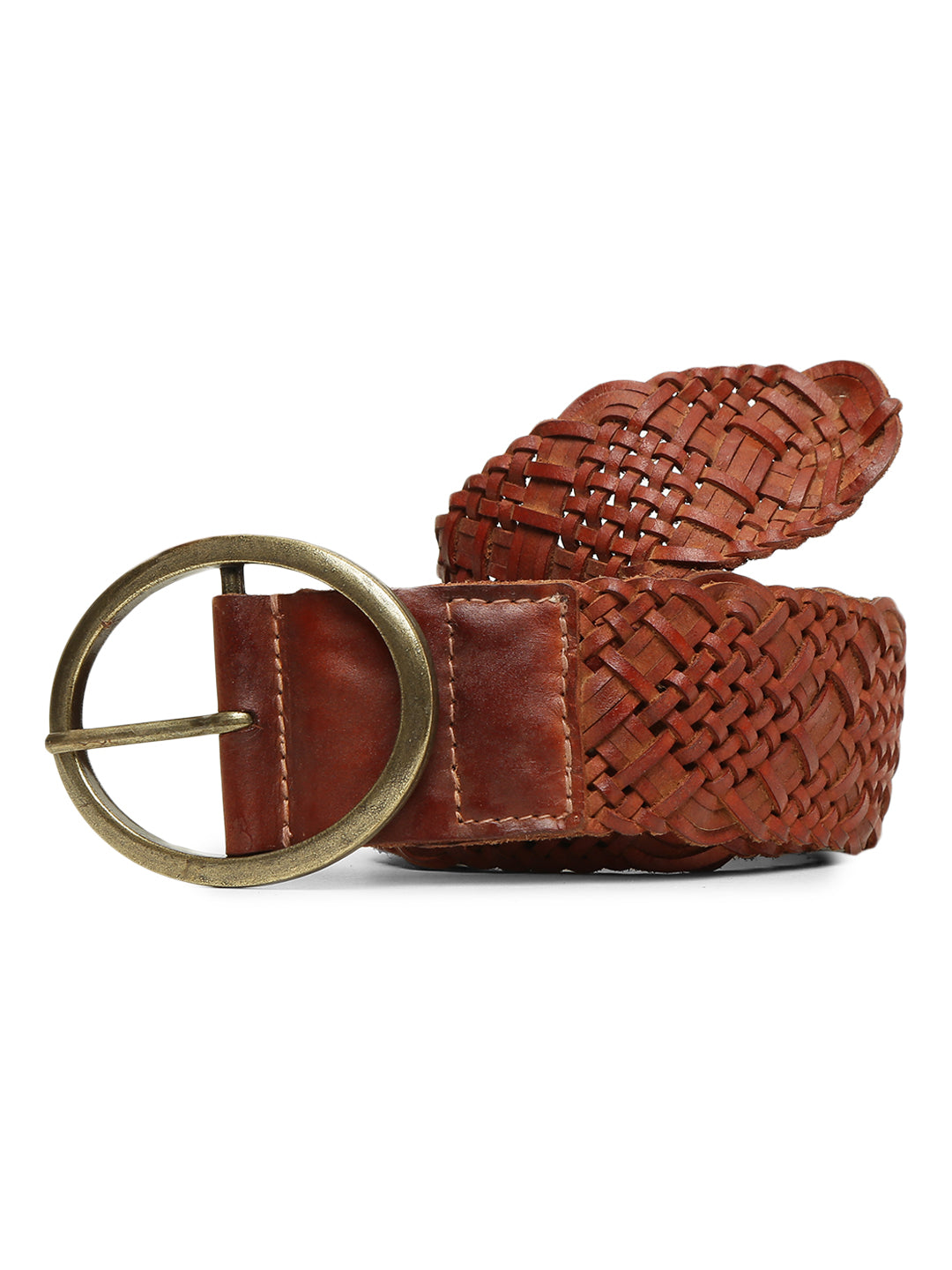 Cognac Hand Weaving Women Leather Belt By Art N Vintage
