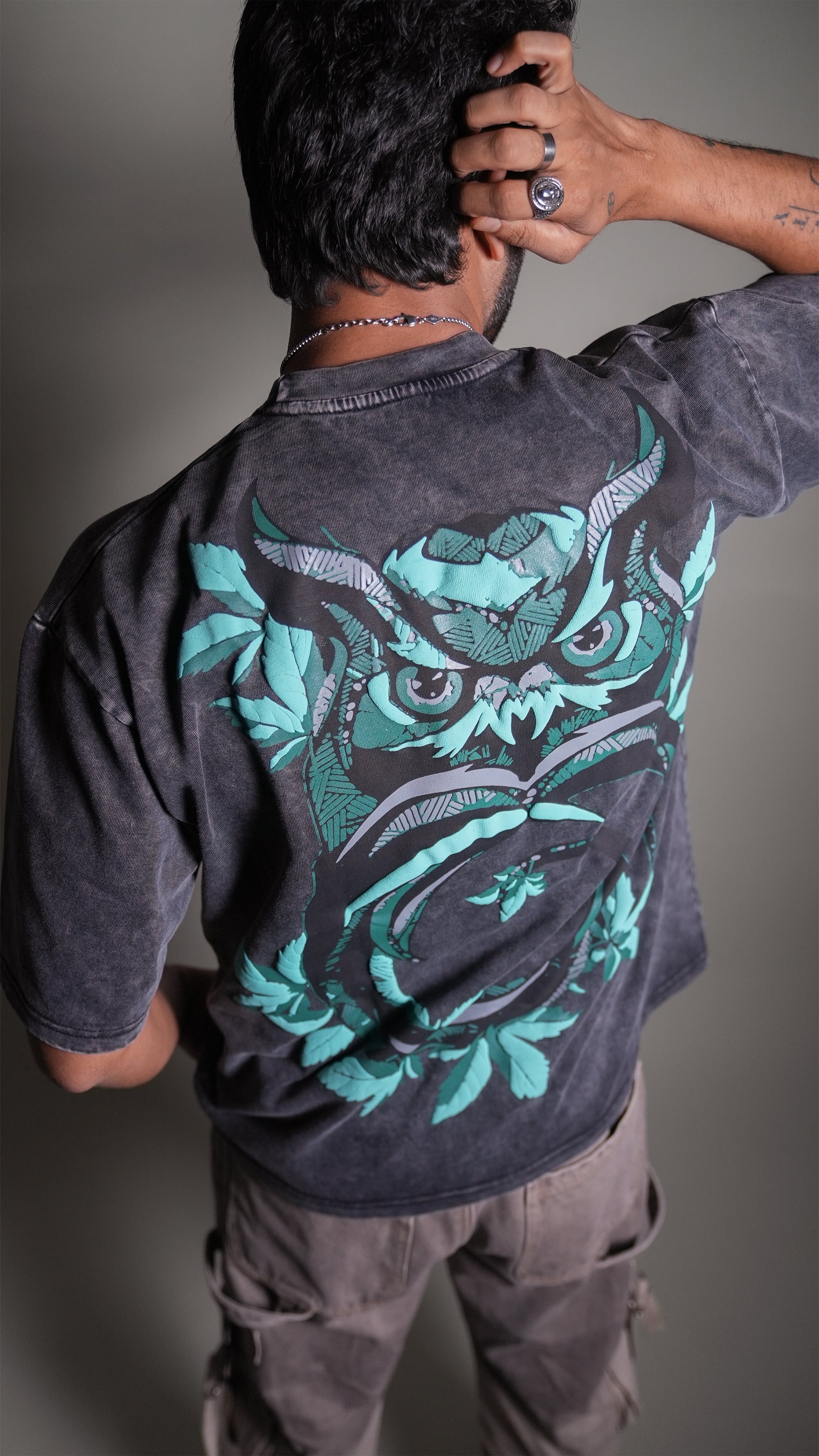 OWL VISION DARK GREY ACIDWASH MEN’S OVERSIZED T-SHIRT