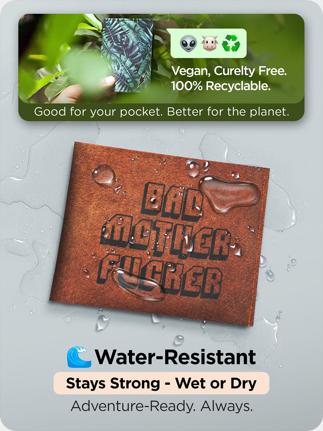 Supervek "Bad Mofo" print Tyvek wallet shown wet with water droplets, highlighting waterproof, vegan, and recyclable durability
