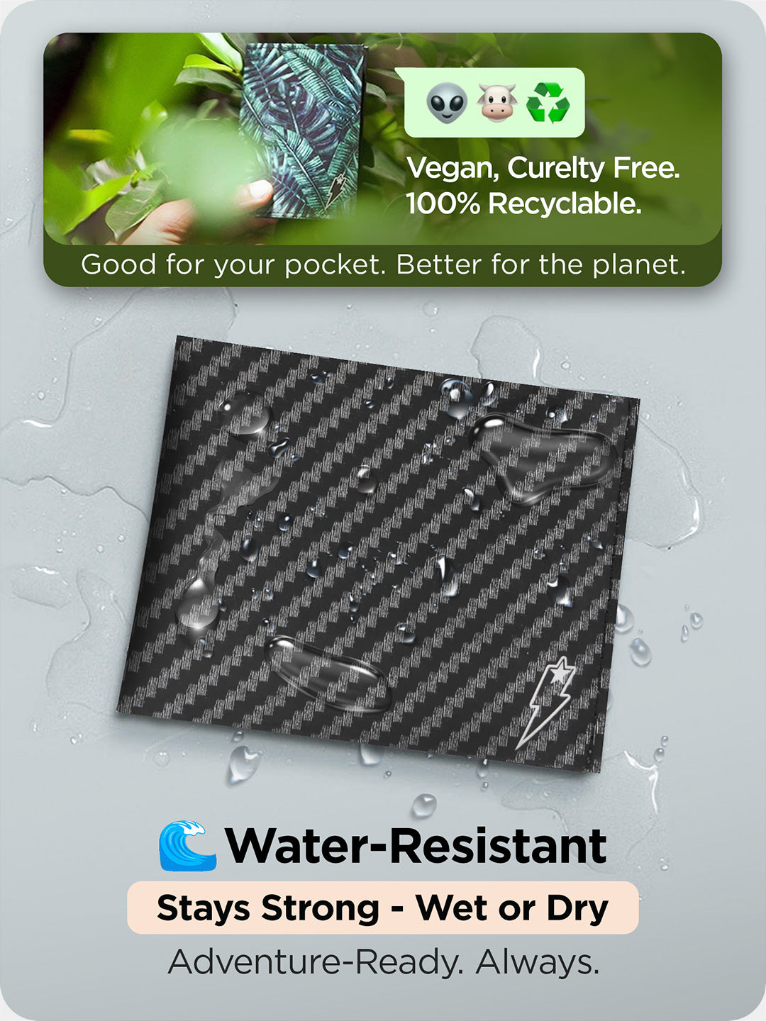 Supervek "Carbon Wave" wallet with water droplets showing water-resistant surface, built for all weather