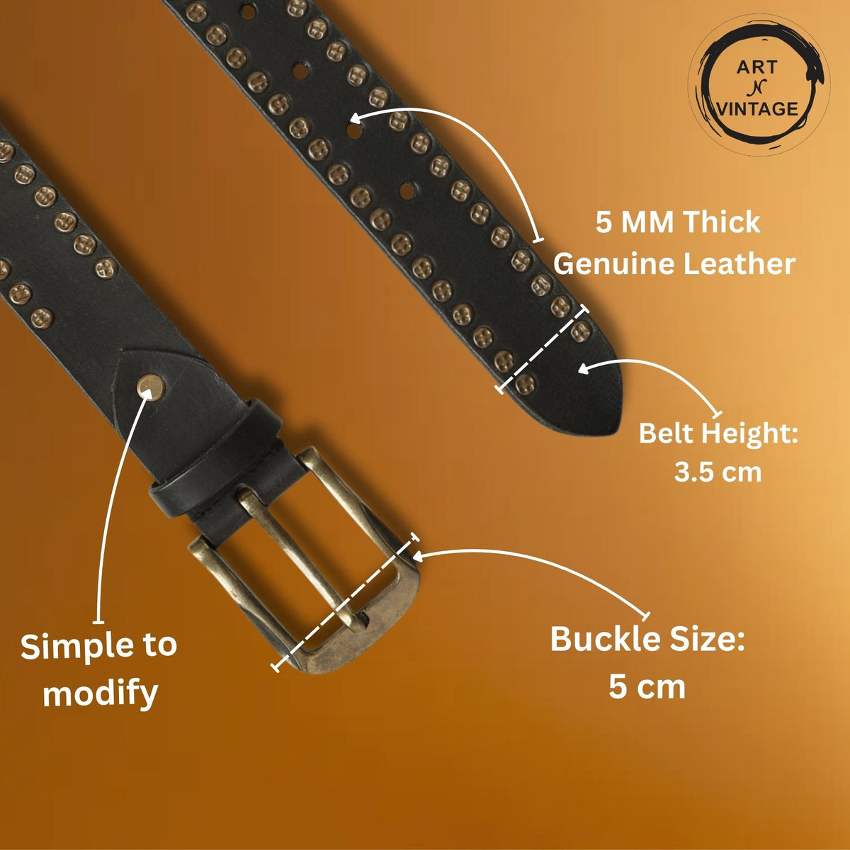 Rustic Rebel: Black Genuine Leather Studded Men's Belt - Stylish & Durable by Art N Vintage