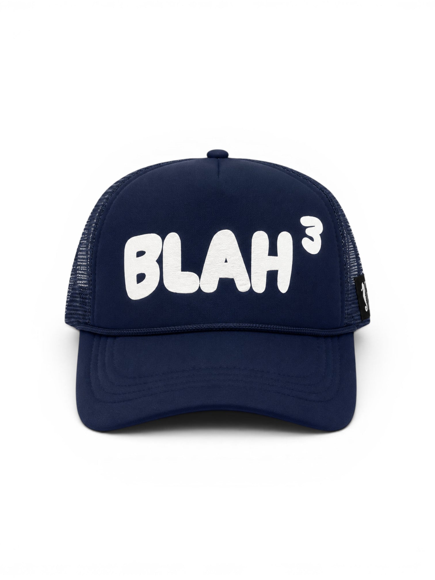 Navy blue cap with 'BLAH^3' text on a white background