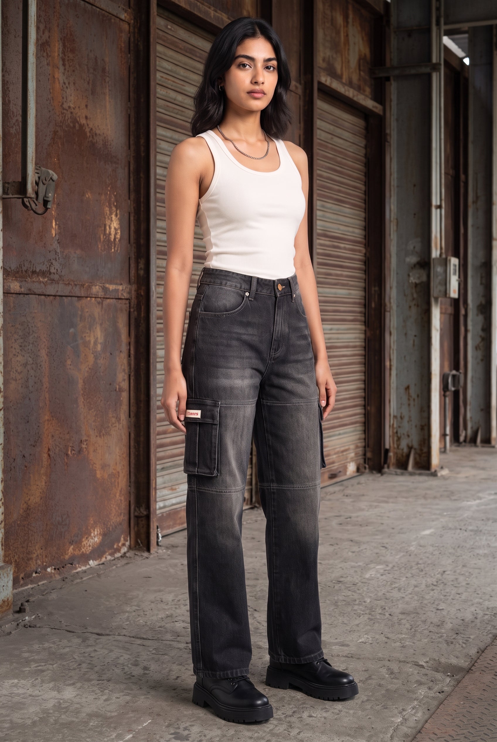 CARBON BLACK DENIM WOMEN'S CARGO