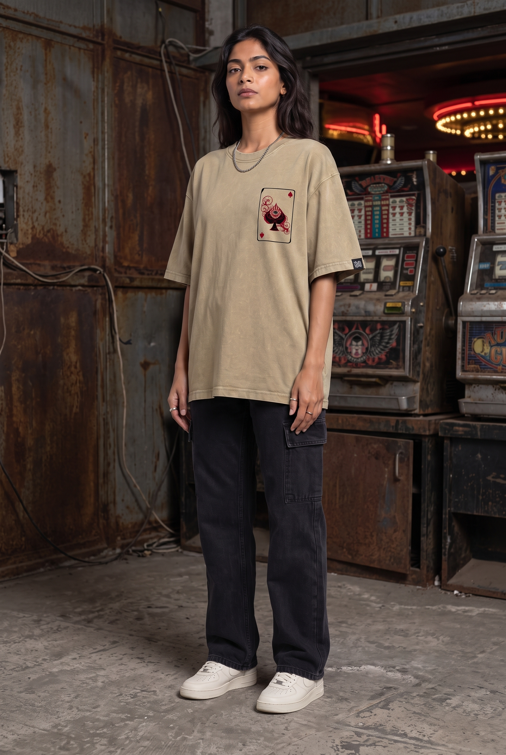 SPADE OF SECRETS BEIGE ACIDWASH WOMEN’S OVERSIZED T-SHIRT