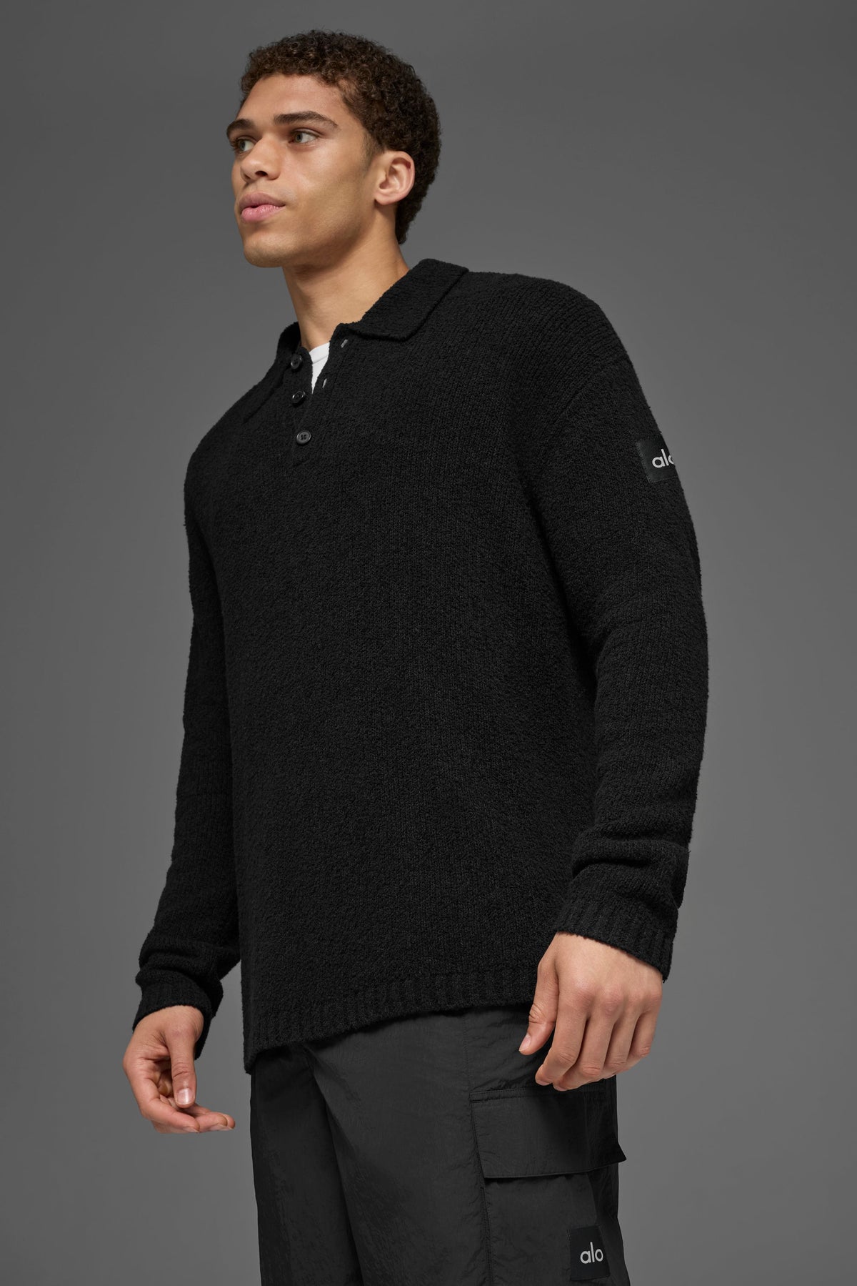 Alo Yoga Textured Knit Long Sleeve Polo - Black