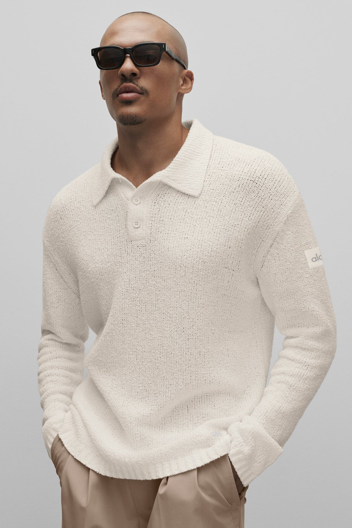 Alo Yoga Textured Knit Long Sleeve Polo - Ivory