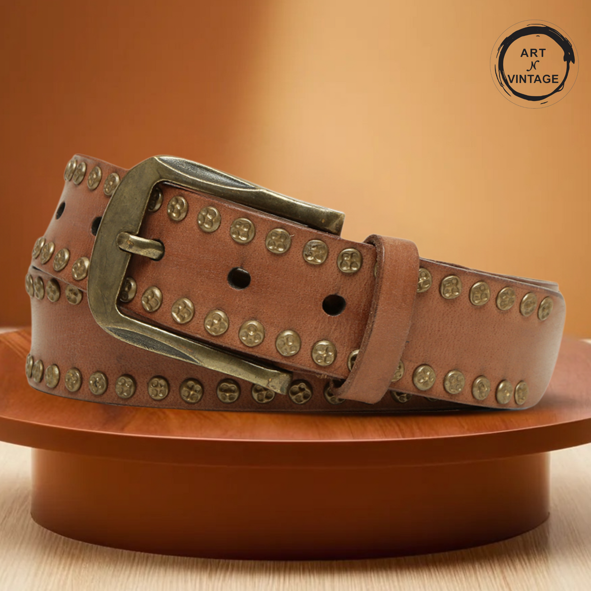 Rustic Rebel: Cognac Genuine Leather Studded Men's Belt - Stylish & Durable by Art N Vintage