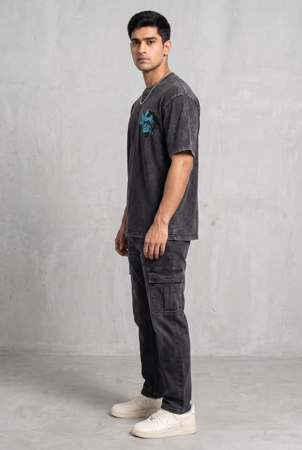 OWL VISION DARK GREY ACIDWASH MEN’S OVERSIZED T-SHIRT