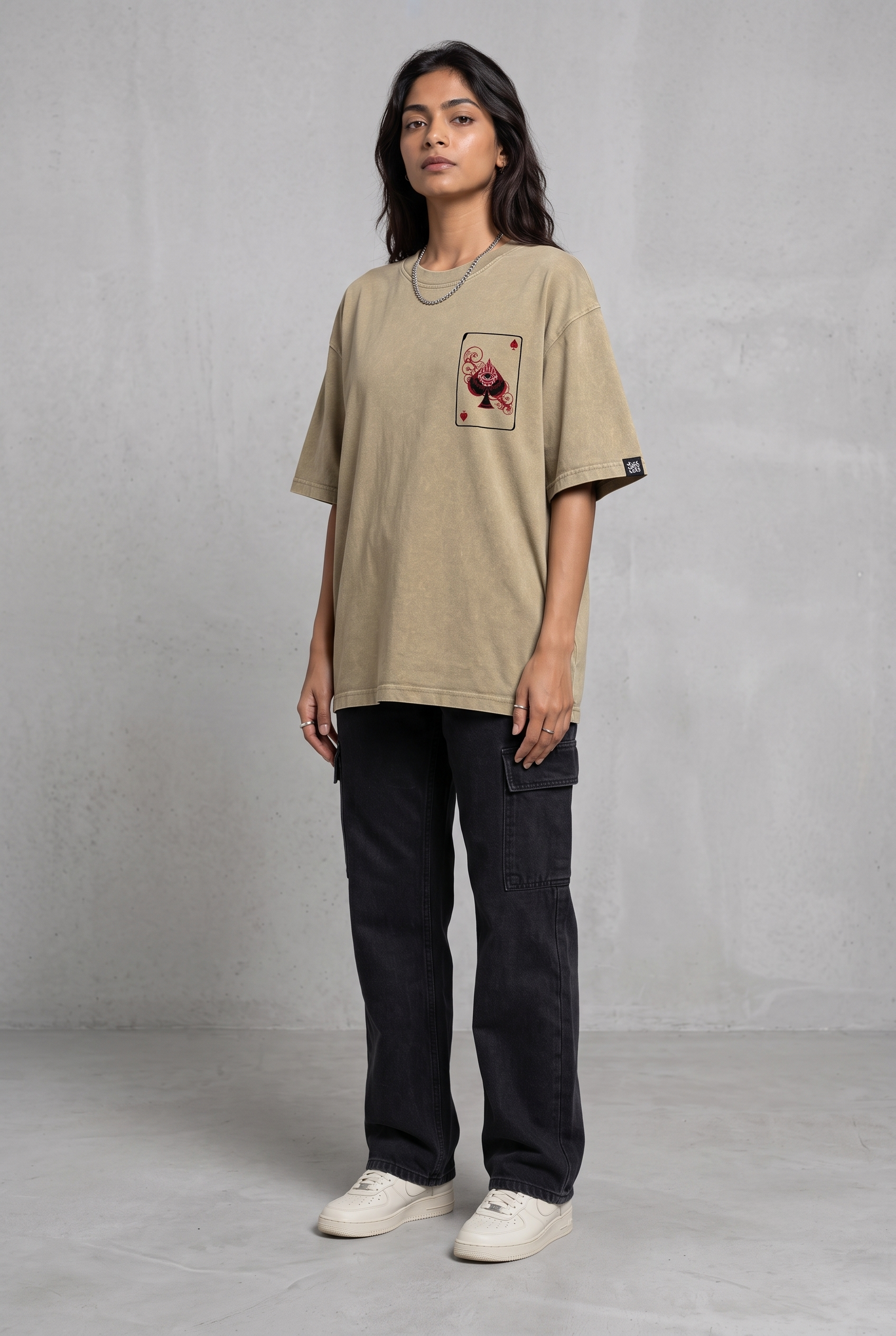 SPADE OF SECRETS BEIGE ACIDWASH WOMEN’S OVERSIZED T-SHIRT