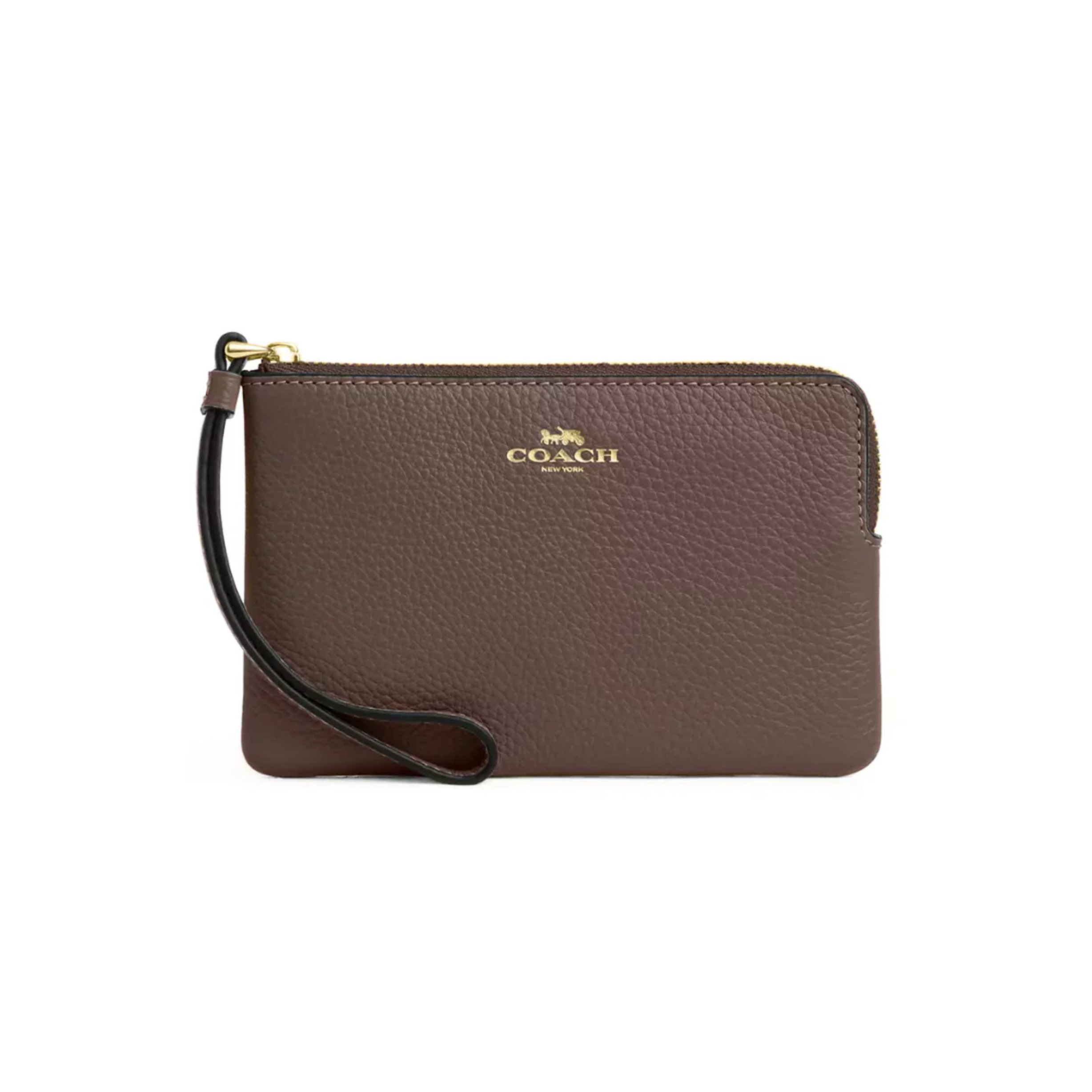 Coach Corner Zip Wristlet pebbled leather Gold Dark Stone