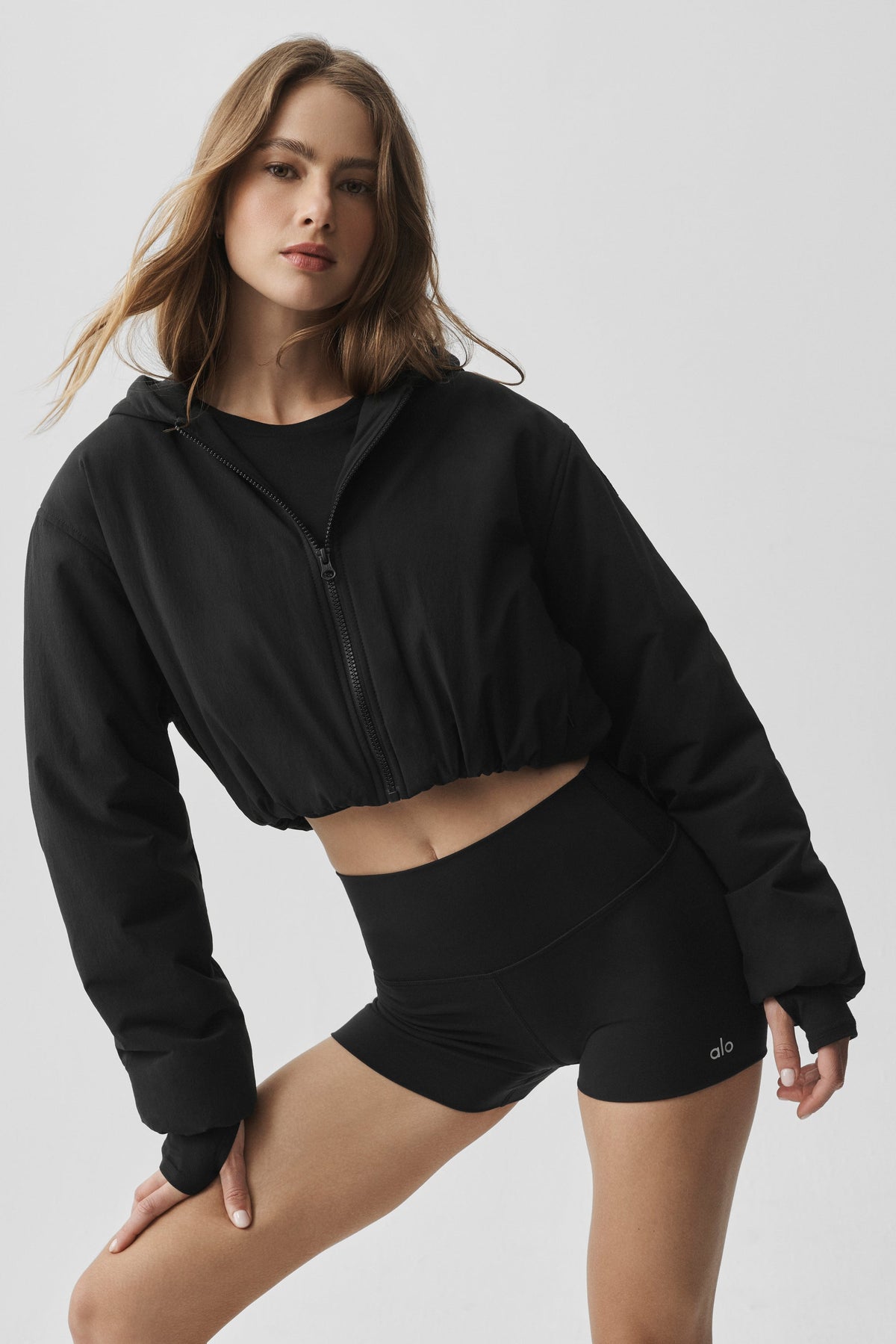 Alo Yoga Cropped Mountain Peak Full-Zip Hoodie - Black