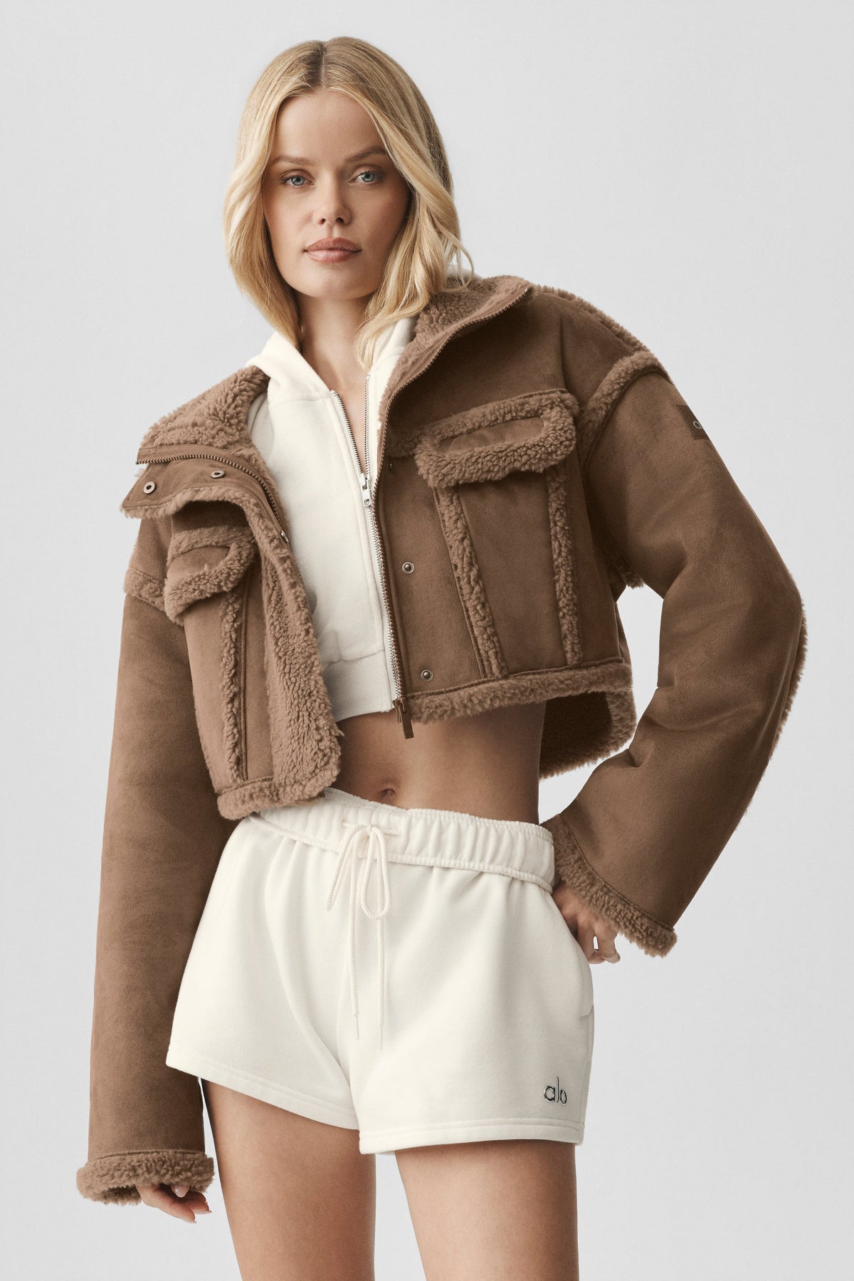 Alo Yoga Faux Shearling Snowfall Cropped Jacket - Java Brown