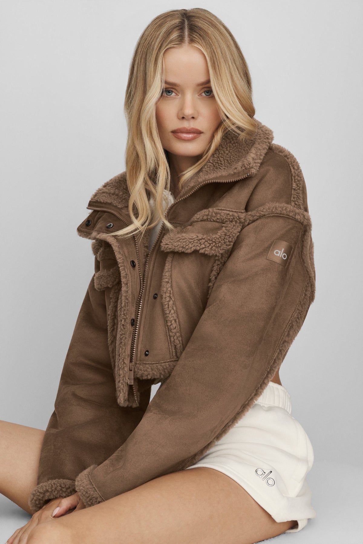 Alo Yoga Faux Shearling Snowfall Cropped Jacket - Java Brown