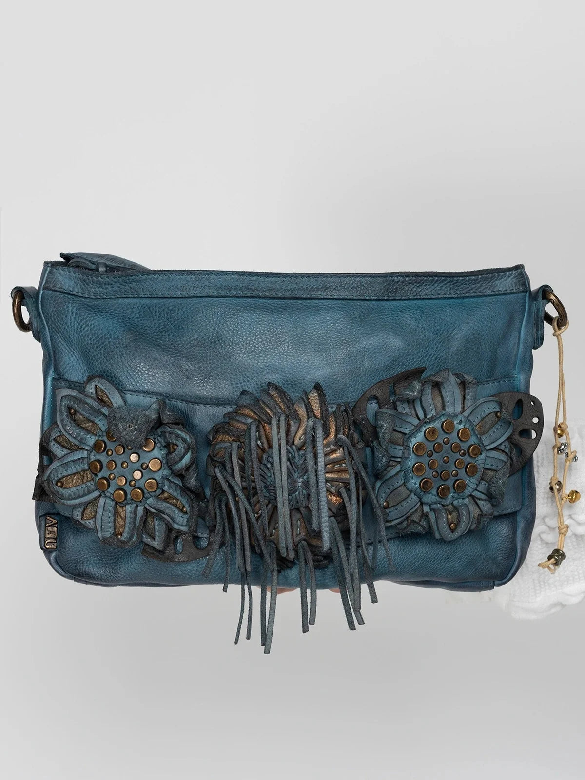 Blue Floral Applique Shoulder Leather Bag