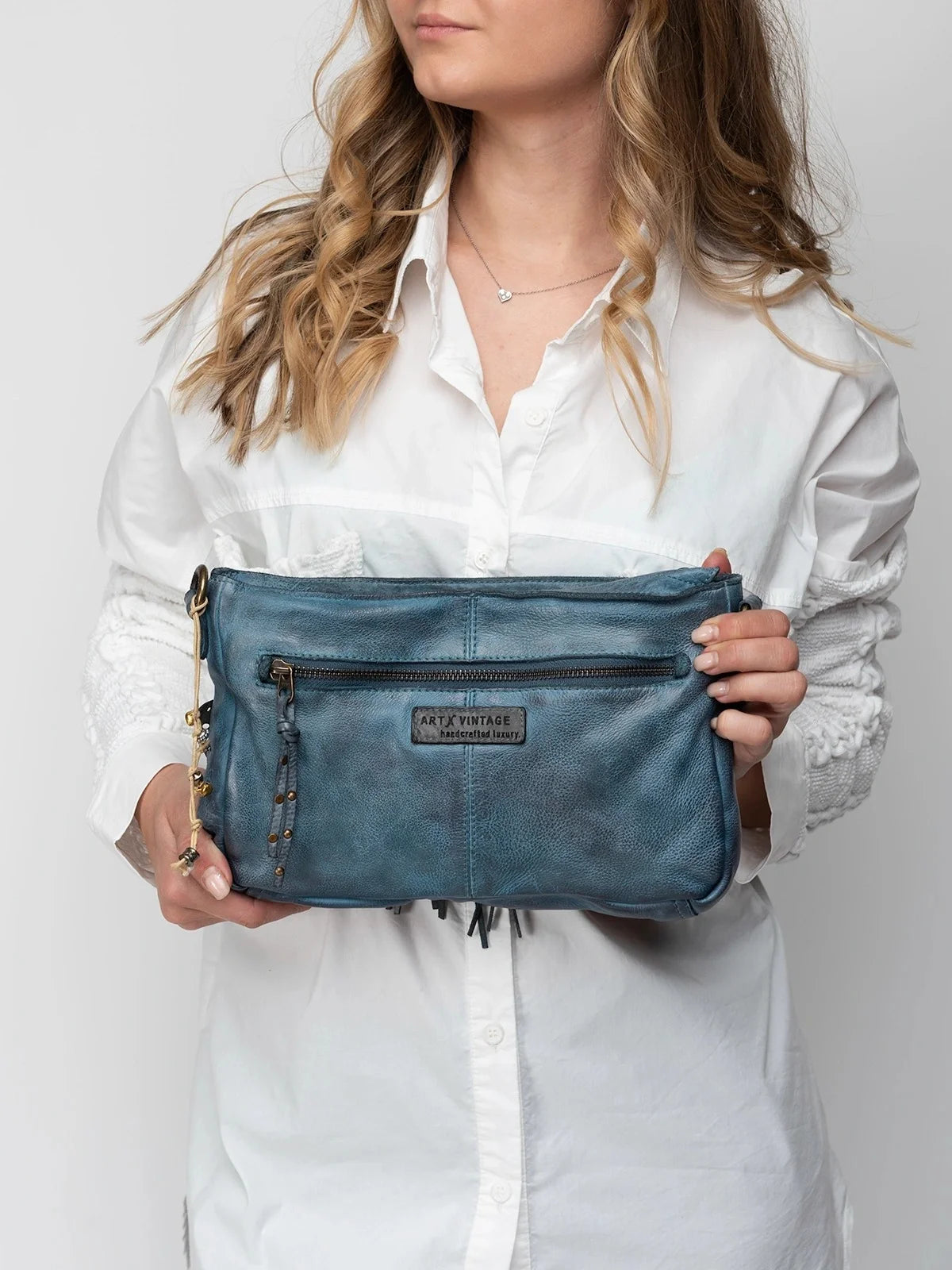 Blue Floral Applique Shoulder Leather Bag