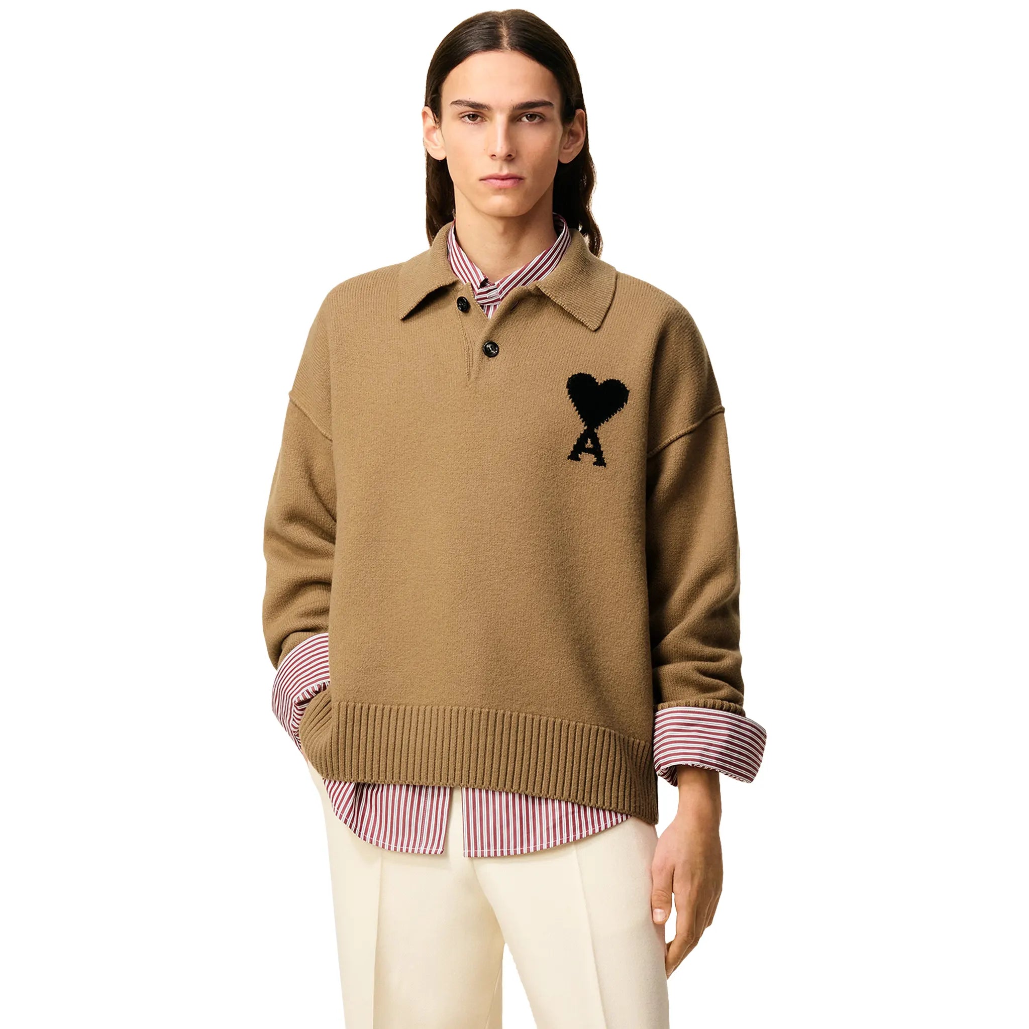 Ami Paris Ami De Coeur Knitted Tan Polo Sweatshirt