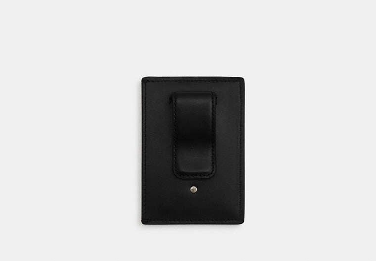 COACH®,Card Case With Money Clip In Signature Canvas,Leather,Canvas,Calfskin Leather,Card Case,Logo,Metal,Pattern,Money Cl...,Black,Back View
