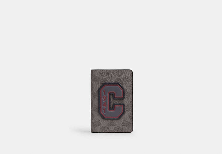 COACH®,Id Card Wallet In Signature Canvas With Patches,Canvas,Bi Fold,Logo,Casual,Gray,Front View