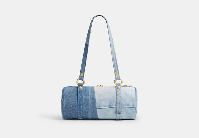 Kisslock Barrel Bag 28 In Repurposed Denim - Brass/Indigo