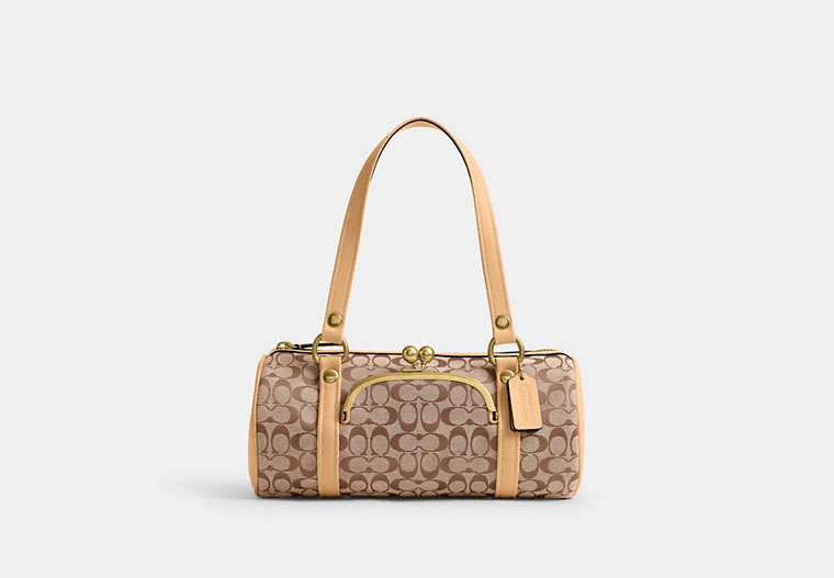 Kisslock Barrel Bag In Signature Jacquard - Brass/Khaki Light Peach