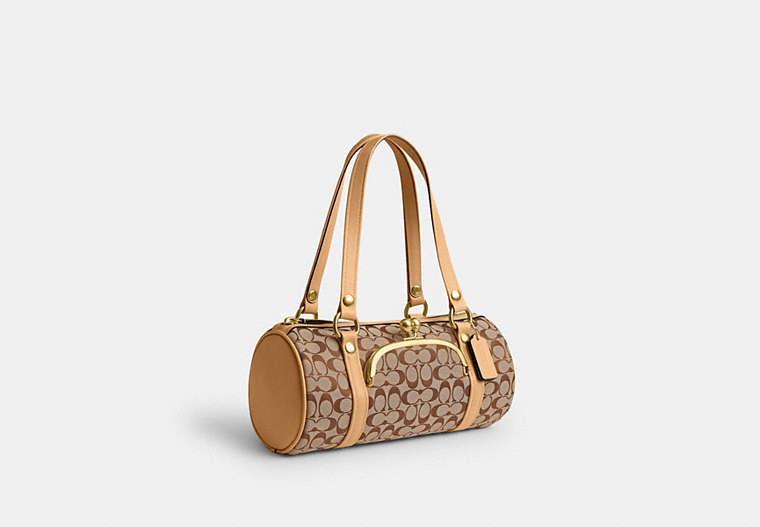 Kisslock Barrel Bag In Signature Jacquard - Brass/Khaki Light Peach