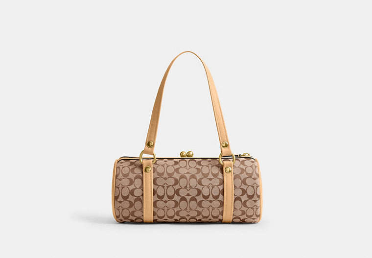 Kisslock Barrel Bag In Signature Jacquard - Brass/Khaki Light Peach