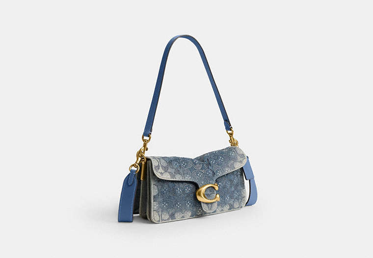 Tabby Shoulder Bag 26 In Regenerative Cotton Denim With Crystal Signature - Brass/Denim