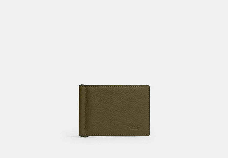COACH®,Slim Money Clip Billfold Wallet,Leather,Bi Fold,Money Clip,Casual,Olive,Front View