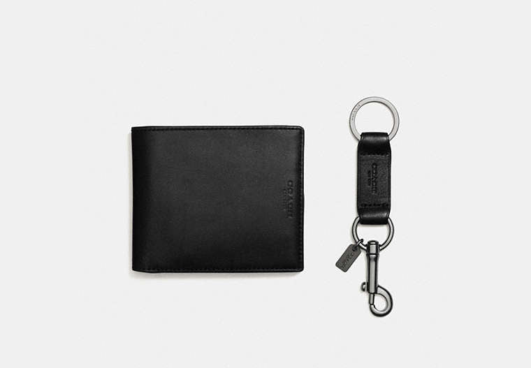 COACH®,Boxed 3-In-1 Wallet Gift Set,Leather,Bi Fold,Lanyard Key Chain,Gunmetal,Casual,Black,Inside View,Top View