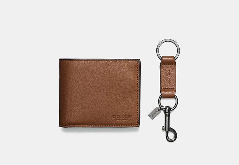 COACH®,Boxed 3-In-1 Wallet Gift Set,Leather,Bi Fold,Lanyard Key Chain,Gunmetal,Casual,Brown,Inside View,Top View