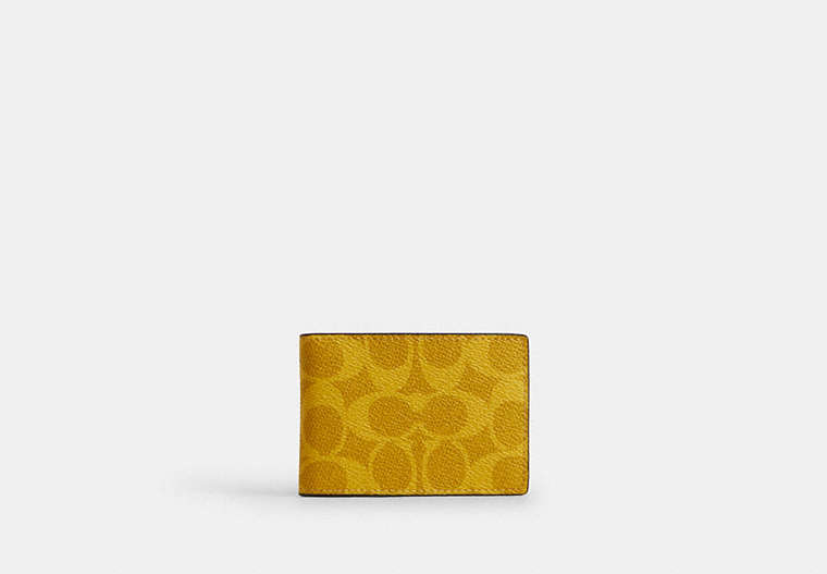 COACH®,Compact Billfold Wallet In Signature Canvas,Coin,Card Case,Bi Fold,Casual,Mustard,Front View