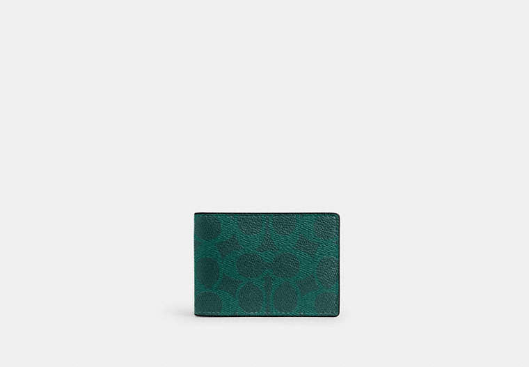 COACH®,Compact Billfold Wallet In Signature Canvas,Coin,Card Case,Bi Fold,Casual,Green,Front View